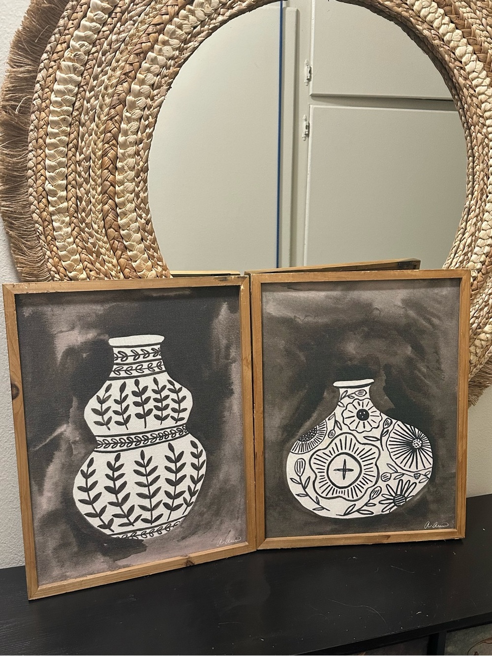 Signed Framed Modern Floral Vase Paper Print Portrait set of 2  14 x 18